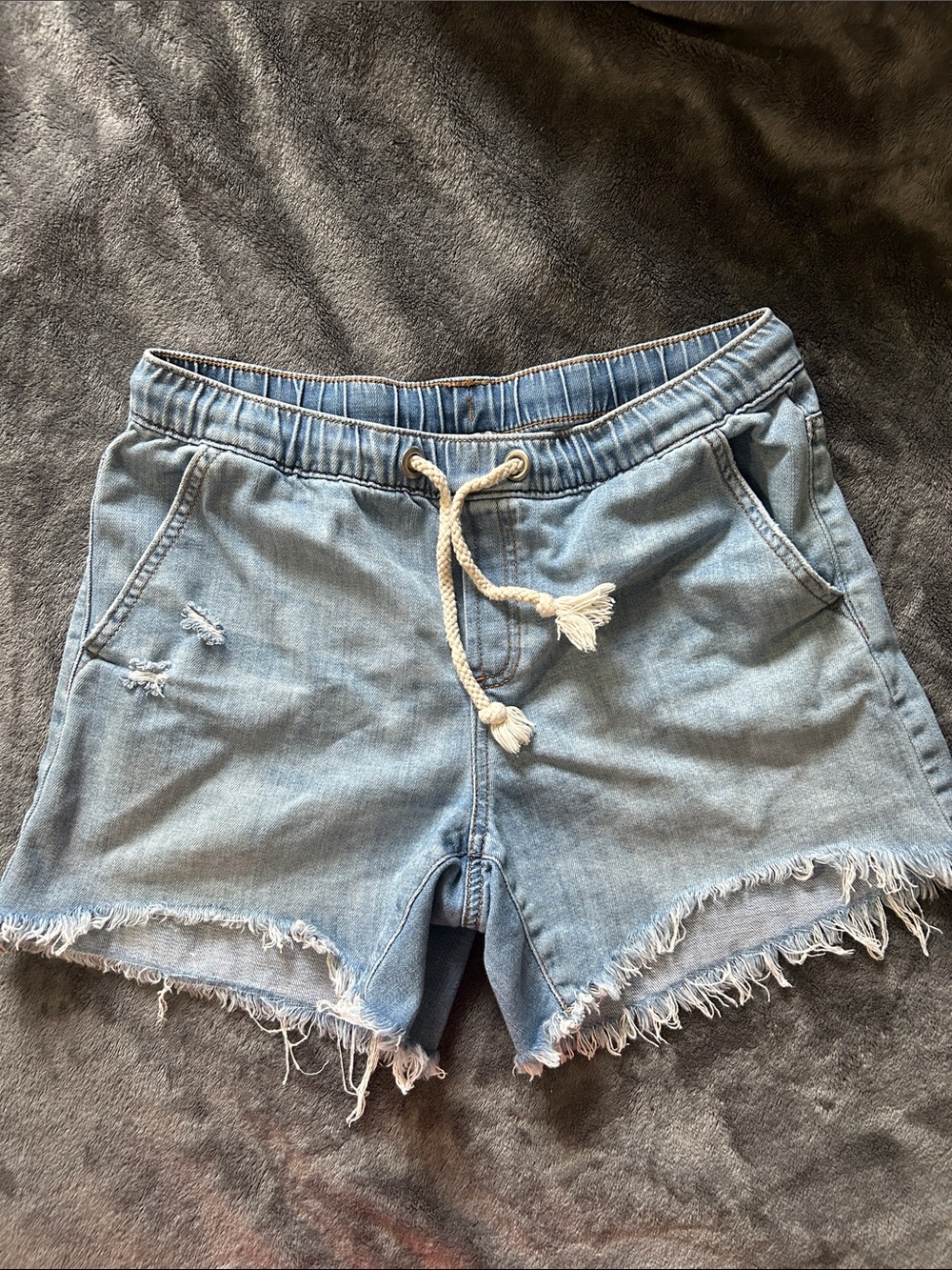 aerie Light Blue Distressed Denim Drawstring Shorts